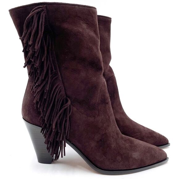 Aquazzura Marfa Fringed Western Boots Brown Suede Pointed Toe Heels Sz 38 / 8 - Picture 2 of 10